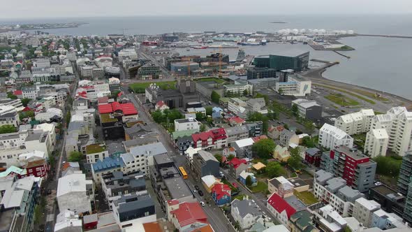 Drone flying over Reykjavik city, the capital of Iceland