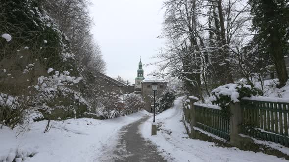 Alley leading to a stone building