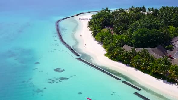 Aerial drone tourism of tropical shore beach by clear sea and sand background