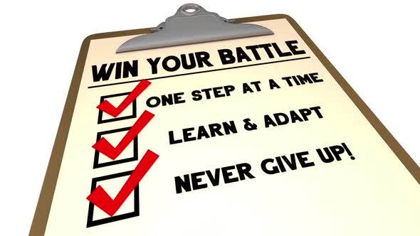 Win Your Battle Never Give Up Checklist Steps Determination Clipboard 3d Animation
