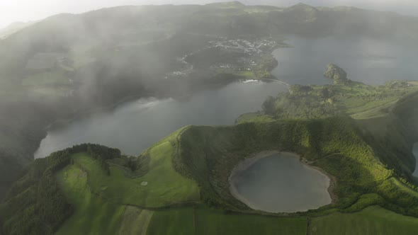 Aerial view of Lagoa Azul lake on San Miguel Island archipelagos.