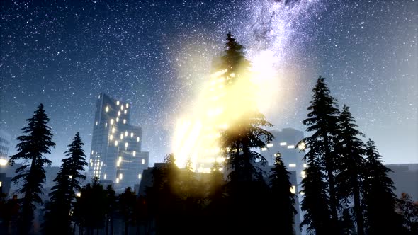 City Skyscrapes at Night with Milky Way Stars alt