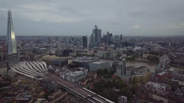 Panoramic aerial view of The Shard, downtown London, and Tower Bridge