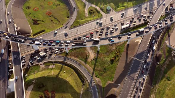 Aerial View of a Freeway Intersection Traffic Trails in Moscow