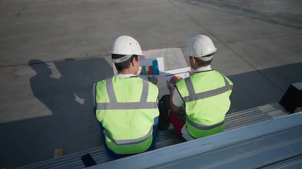 High Angle Back View of Two Confident Professionals Discussing Project Analyzing Graphs and