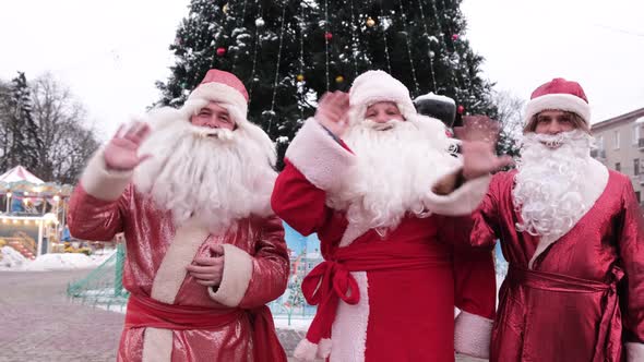 Three Santa Clauses on the Background of a Christmas Tree in the City Center