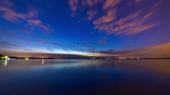 Time lapse of a lake, clouds are moving over water and stars are visible.