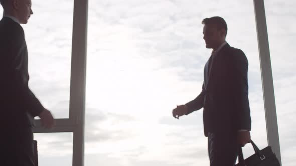 Businessmen Shaking Hands before Panoramic Window