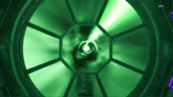 Spaceship Flying Through Hyperspace Light Speed Tunnel Color Green