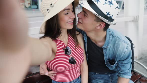 Selfie. Happy Couple Making Photo, Looking At Camera