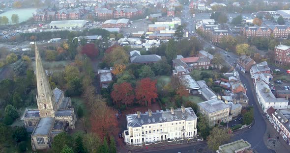 Aerial POI of All Saints church, and Leighton Buzzard town, UK