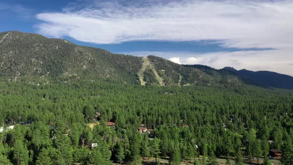 Fly Over Dense Pine Woods And Mountains In South Lake Tahoe, California USA. Aerial Drone