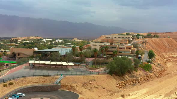 Aerial orbit of Kibbutz Yotvata, southern Arava, Israel. This community is known for milk products,