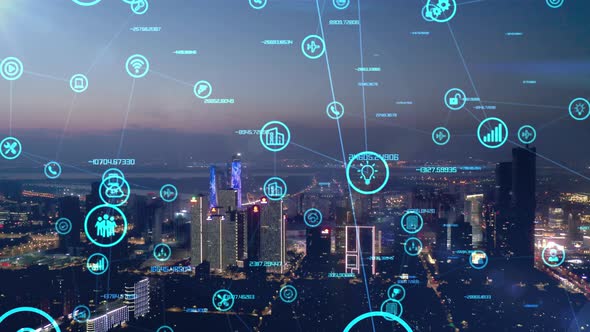 smart Connected city skyline. Futuristic network concept, city Technology.