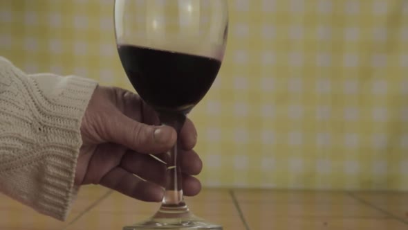 Hand holding glass of red wine medium shot