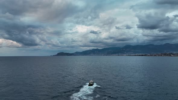 I Follow the Boat in the Open Sea Aerial View 4 k Turkey Alanya