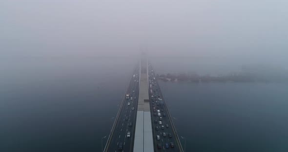 Aerial View of South Subway Cable Bridge in the Fog