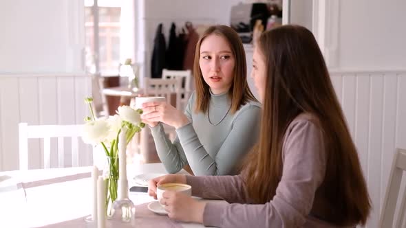 Two young women in cafe drinking coffee and chatting