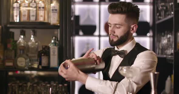 The Bartender Is Mixing a Drink in a Shaker