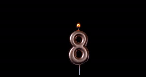 Realistic full-sized single birthday candlelight 8 eight number isolated on black background.