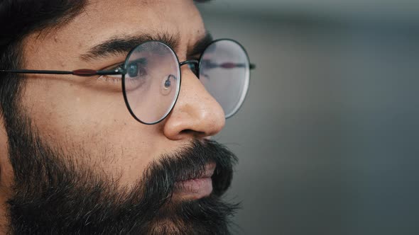 Close Up Profile Face View Portrait Bearded Thoughtful Arabian Boss Entrepreneur Business Man in