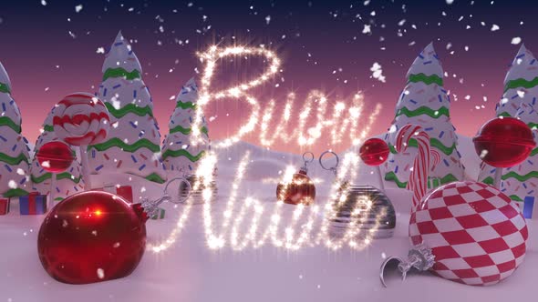 Animation of Spanish Christmas Message written in shiny letter on snowy landscape with Christmas bal