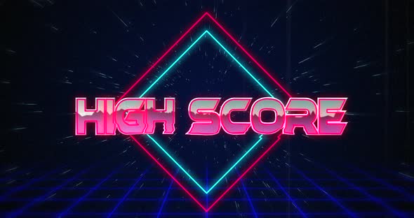 Retro High Score text glitching over blue and red squares