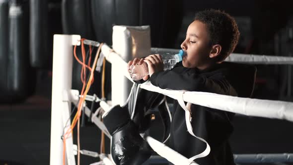 The Boy Drinks Water After Training at the Ring