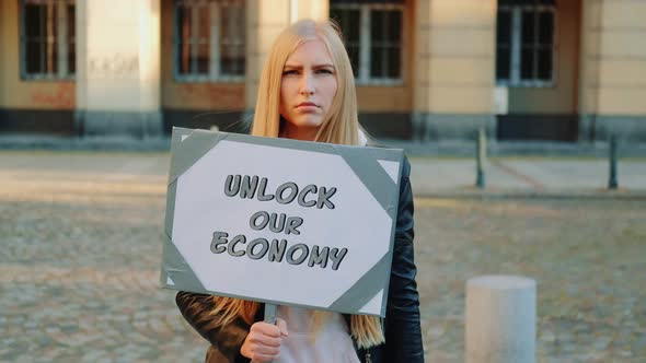 Young Woman Calling To Unlock the Economy By Holding Steamer