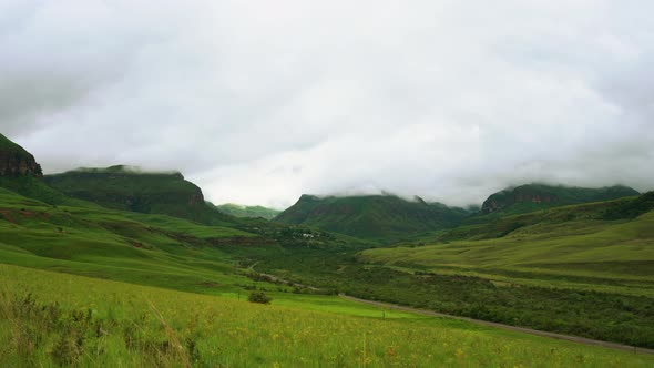 Wide shot of the Cathedral Peak mountains in the Drakensberg, Kwazulu Natal, South Africa.