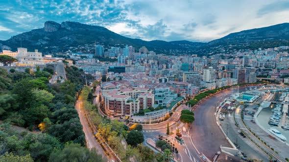 Panorama of Monte Carlo Day To Night Timelapse From the Observation Deck in the Village of Monaco