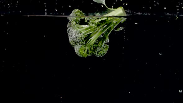 Colorful branch of broccoli being dropped into water in slow motion.