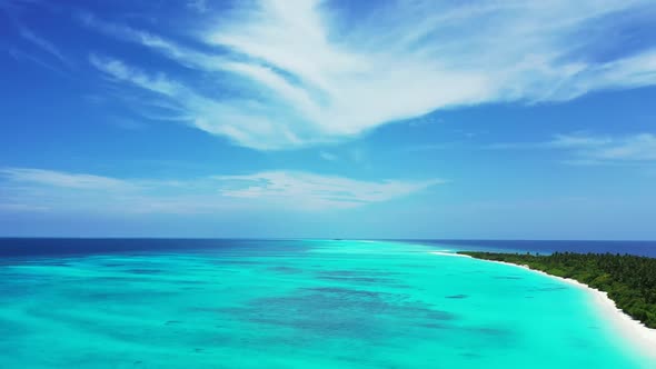 Aerial top down scenery of tranquil sea view beach vacation by blue lagoon and white sand background