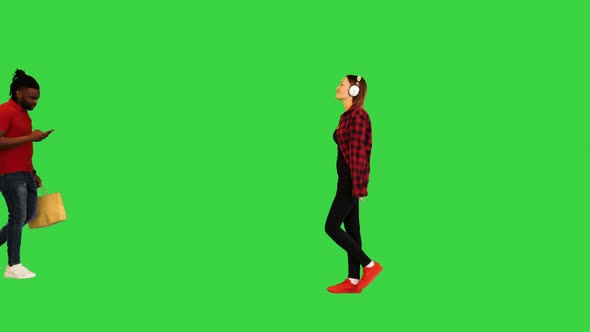 Flow of Young People Outdoors Multiethnic on a Green Screen Chroma Key