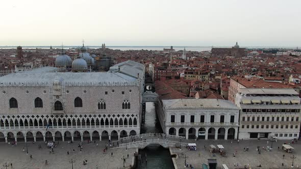 Drone approaching the famous Bridge of Sighs in Venice, Italy, Europe