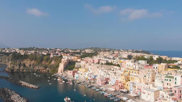 Aerial View of Corricella Fisherman Village in Procida Island Near Naples Italy