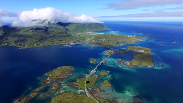 Aerial footage of bridges on Lofoten islands in Norway