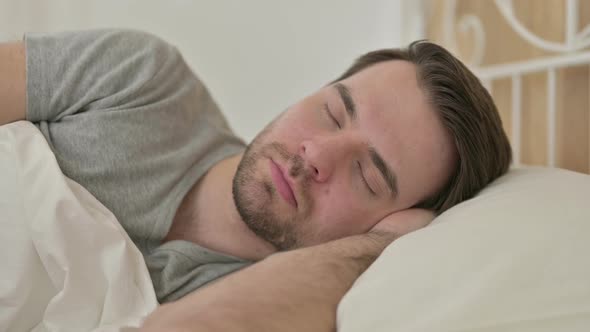 Portrait of Beard Young Man Sleeping in Bed