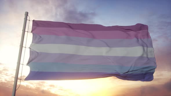 Bigender Pride Flag Waving in the Wind Sky and Sun Background