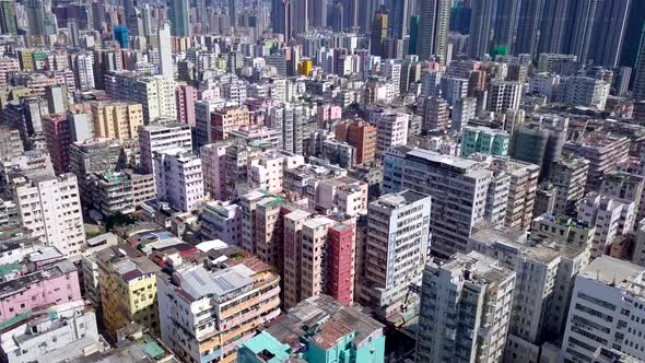 Drone fly over Hong Kong urban city