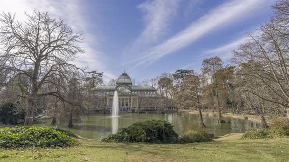 Cristal Palace of El Buen Retiro Park in Madrid Daytime Timelapse 4K 60fps