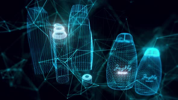 Set Of Shampoos Glass Packaging Hologram Close Up 4k alt