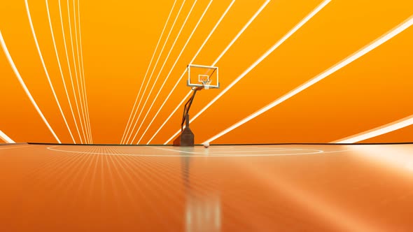 Basketball hoop in an orange gym. Colourful dynamic abstract surrounding. 4KHD