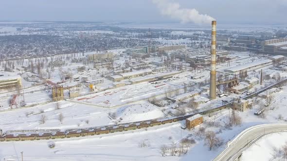 Aerial view of industrial zone in winter