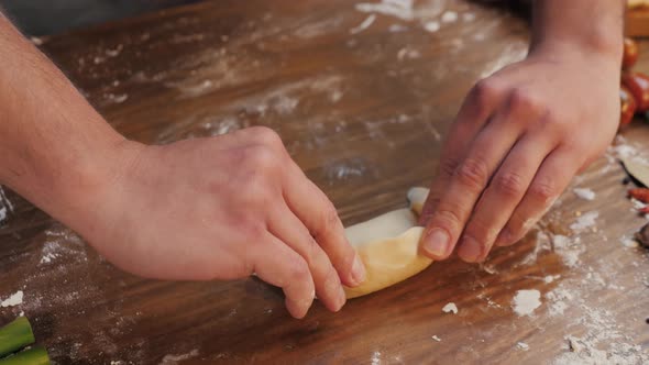 Man Cooking Empanadas Argetinian Pie Traditional Bakery From Argentina Chef Filling Dough in Home