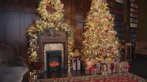 Beautiful Room with Decorated Christmas Tree, Gifts and Fireplace on New Year Day