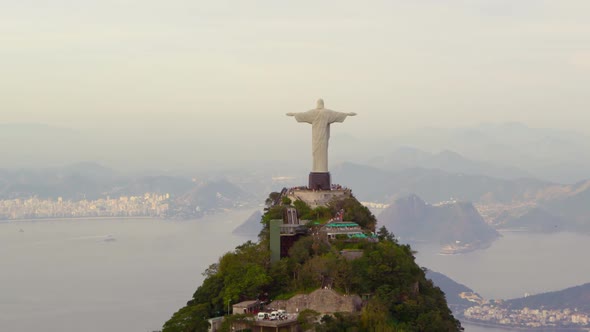 Tracking footage of Rios Christ Redentor and bay