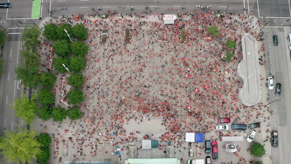 Epic Rising Drone View of Protesters in Downtown Vancouver, Aerial Zoom Out. Big Crowd of people at