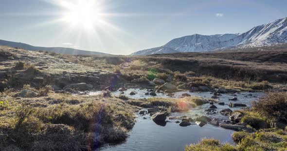 Mountain Meadow Timelapse at the Summer or Autumn Time. Wild Nature and Rural Valley. Sun Rays