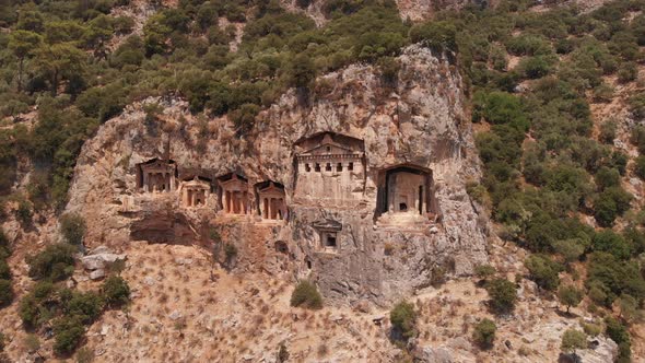Aerial View of Ancient Lycian Tombs Carved Into the Rock for the Nobility Turkey